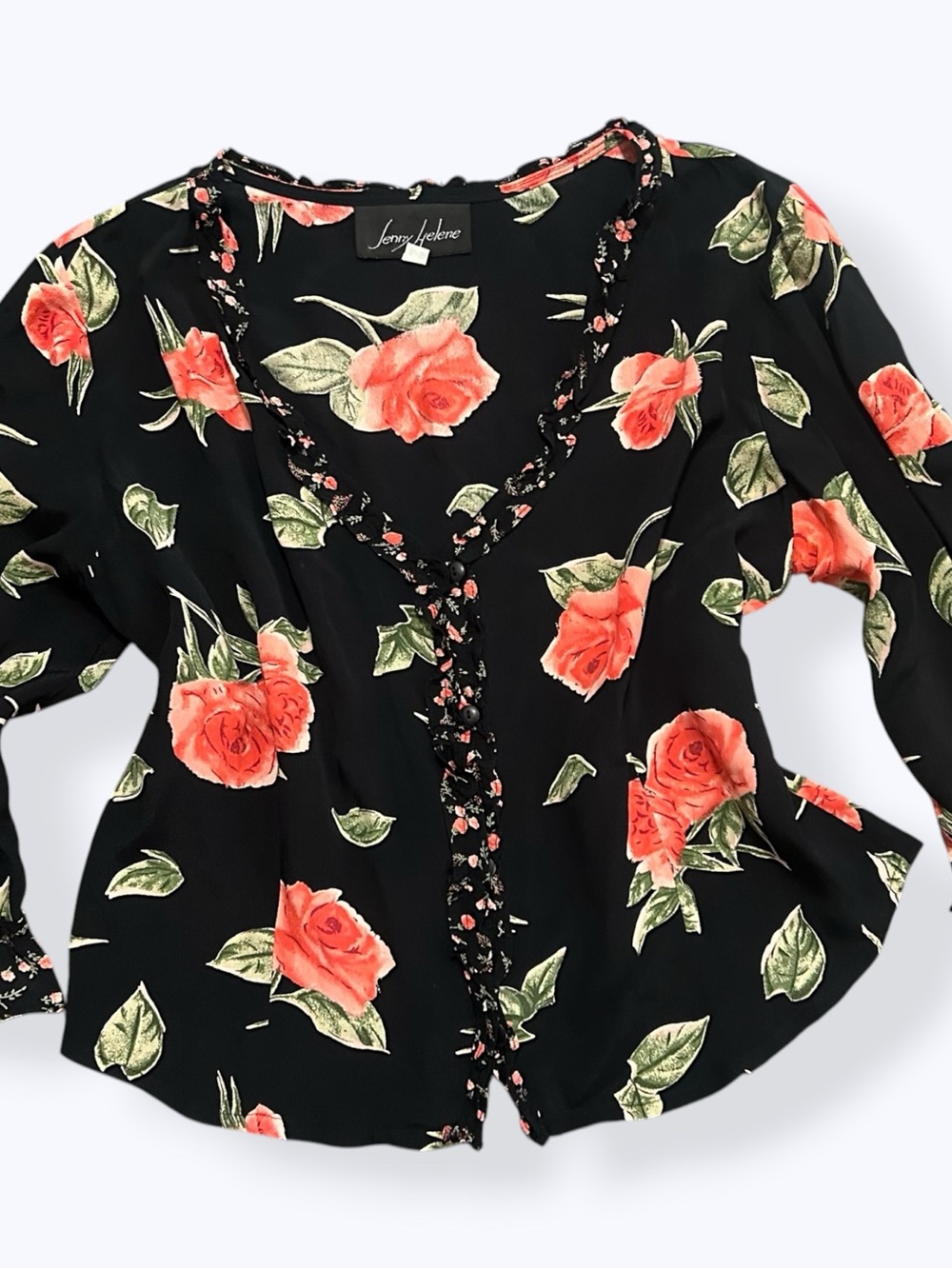 Vintage 90s Jenny Helene Rose Print Button Up Blouse Romantic Whimsigoth
